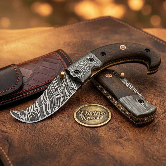 Rosewood Damascus Scimitar Folder with Curved Blade and Rich Wood Grip