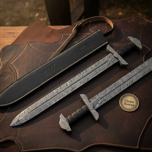 Hand Forged Viking Sword Set with Pattern Welded Blades and Stitched Black Scabbard