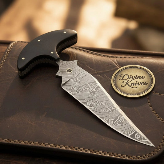 T Handle Push Dagger Knife with Black Horn Grip and Hand Forged Spear Point Blade