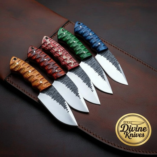 Five Piece Camping Knife Set with Coloured Pakkawood Handles and Hammer Forged Blades