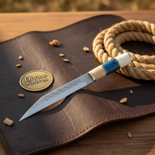 Hybrid Handle Broken-Back Seax Knife with Bone and Blue Accent Handle