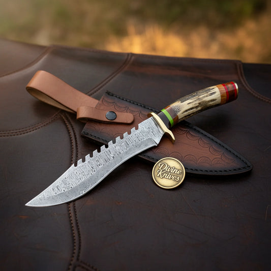 Serrated Spine Bowie Knife with Stag Antler Handle and Hand Forged Layered Blade