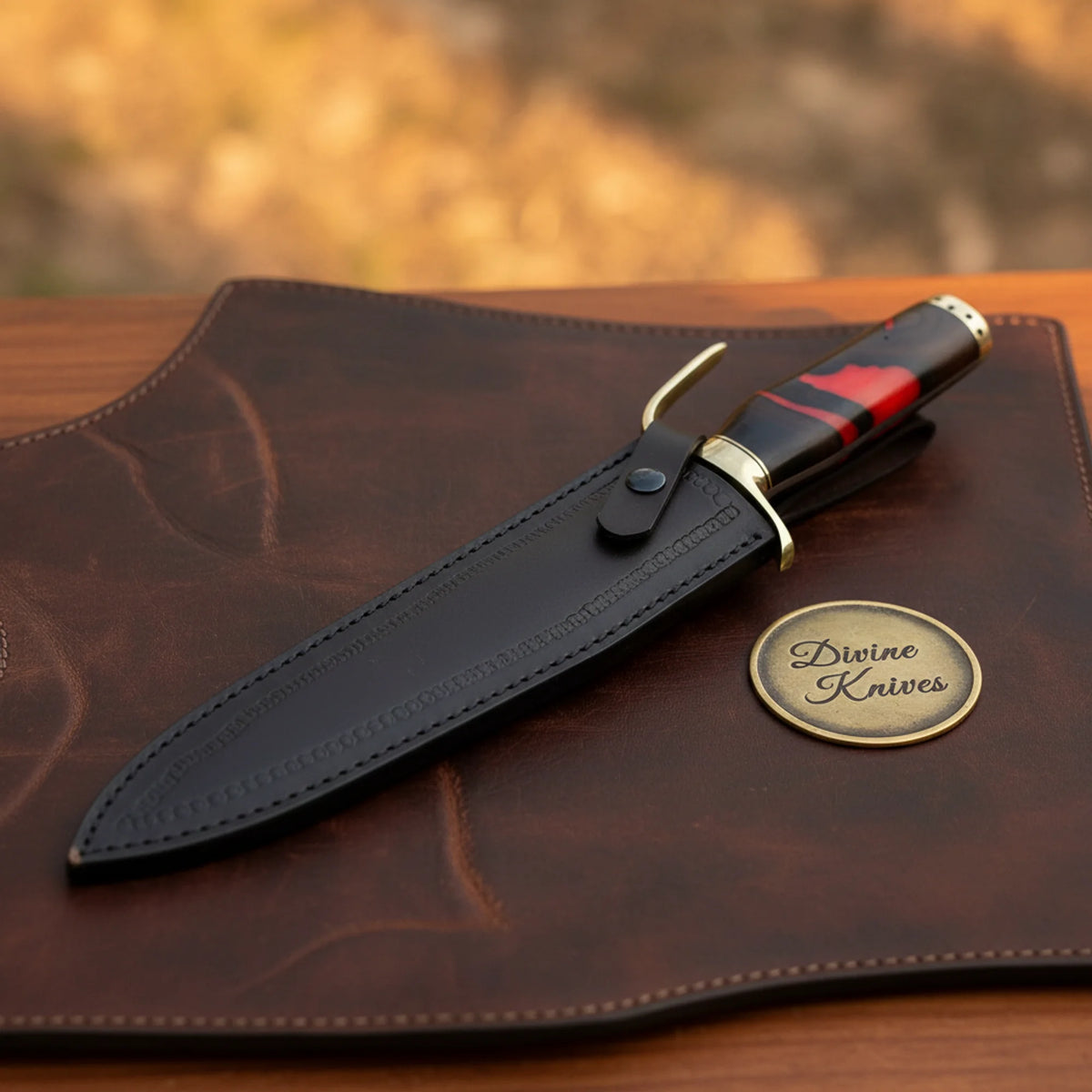 Red Micarta Handle Bowie Knife with Polished Drop Point Blade and Tooled Black Sheath