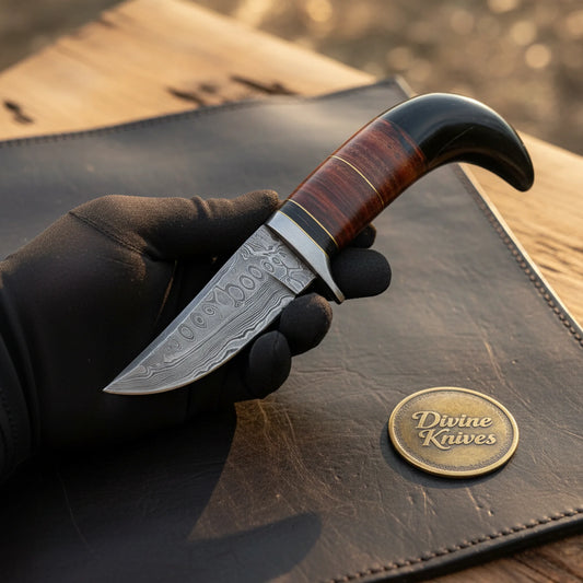 Buffalo Horn Caping Knife with Stacked Leather Grip and Braid Tooled Leather Sheath