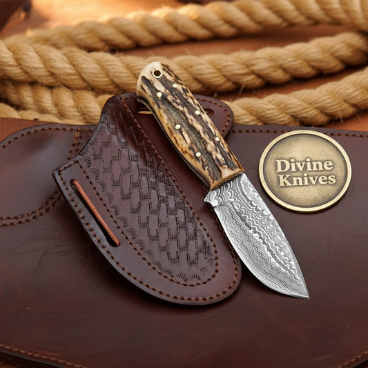 Stag Handle Ranch Skinner Knife with Forged Drop Point Blade and Basketweave Sheath