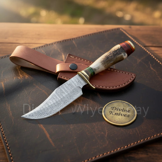 Stag Antler Skinning Knife with Hand Forged Curved Blade & Leather Belt Sheath