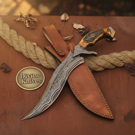 Stag Horn Trailing Point Bowie with Deep Curved Forged Blade and Leather Sheath