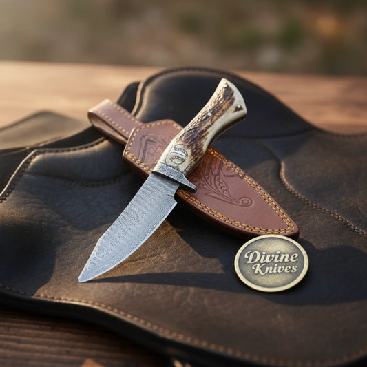 Antler Handle Bushcraft Knife with Engraved Bolster and Hand Tooled Leather Sheath