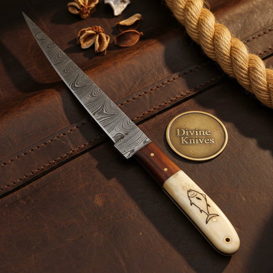 Camel Bone Fillet Knife with Flexible Forged Blade and Engraved Fish Motif Handle