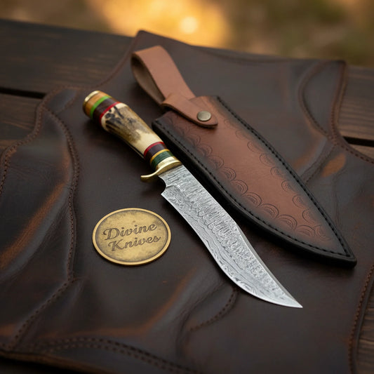Antler Damascus Clip Point Bowie with Colorful Rings Handle