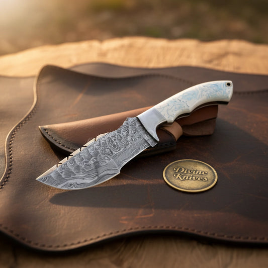 White Resin Tom Brown Tracker Knife with Damascus Blade