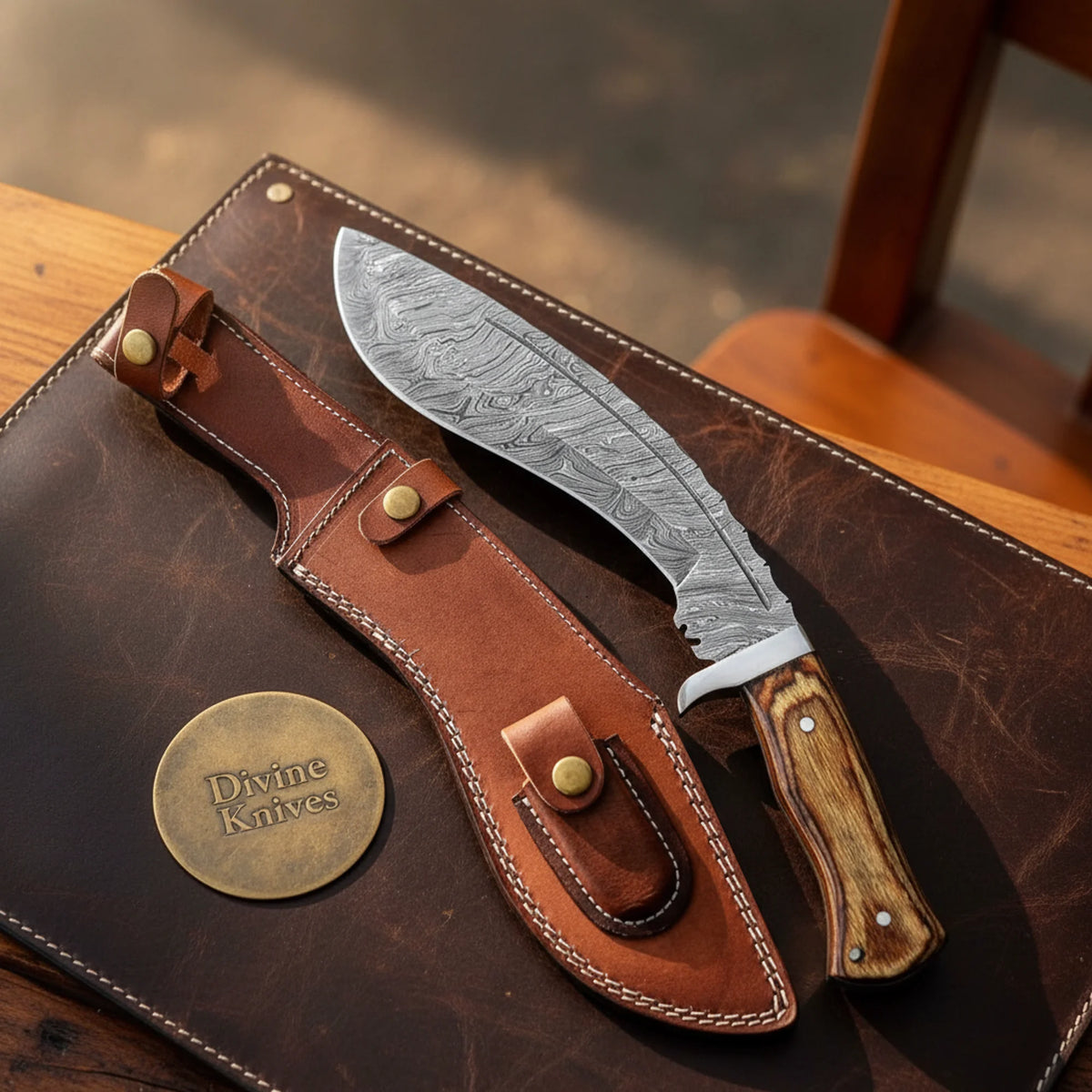 Hardwood Damascus Gurkha Kukri with Natural Wood Handle