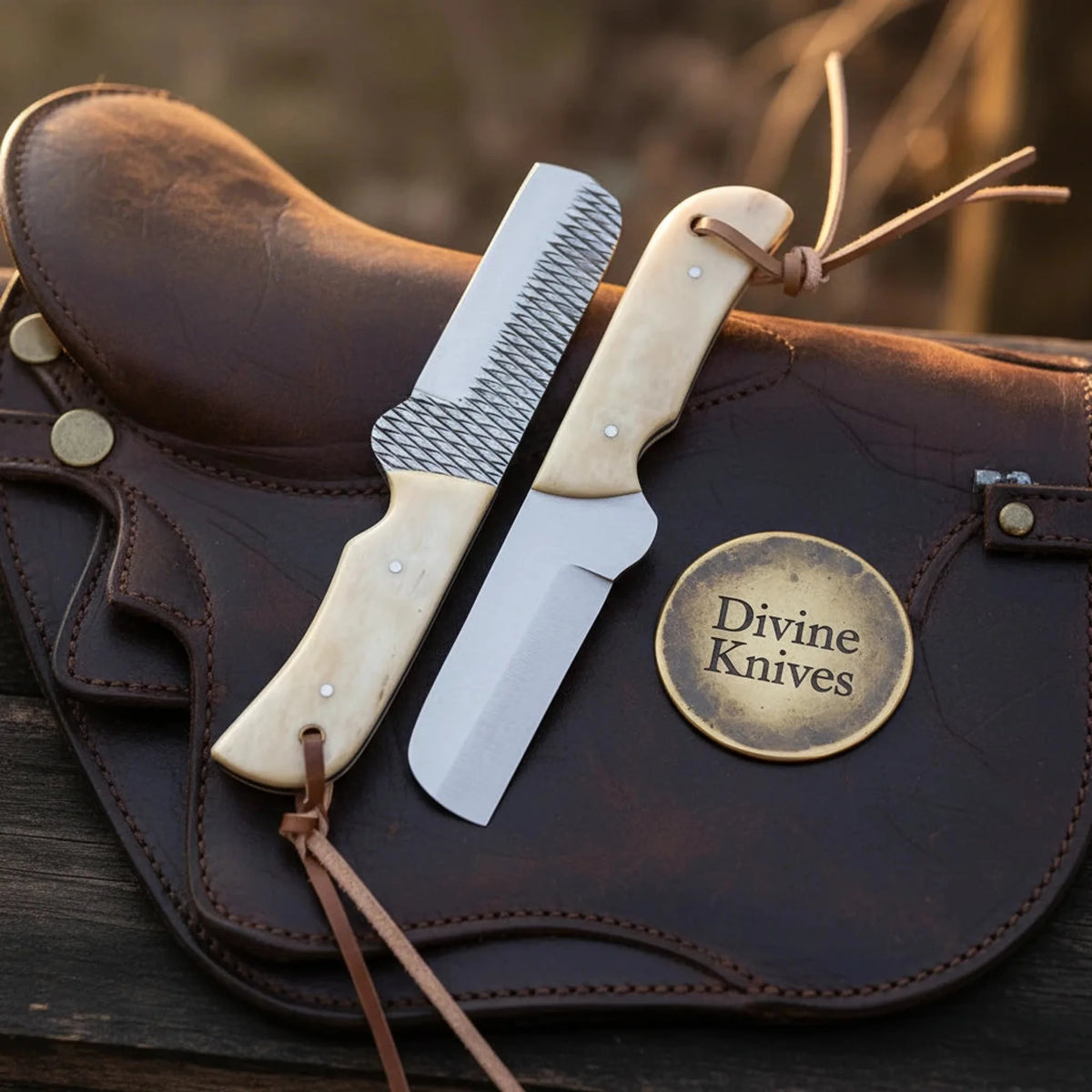 File-Work Camel Bone Bull Cutter Knife with Leather Lanyard