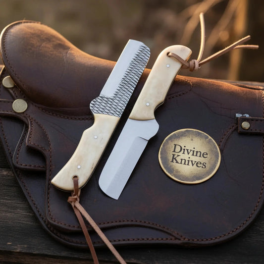 File-Work Camel Bone Bull Cutter Knife with Leather Lanyard