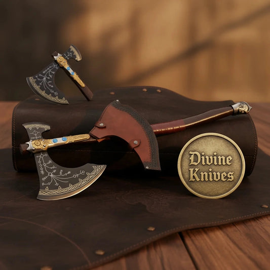 Norse Rune Etched Viking Axe with Gold Brass Bolster & Blue Stone Inlays