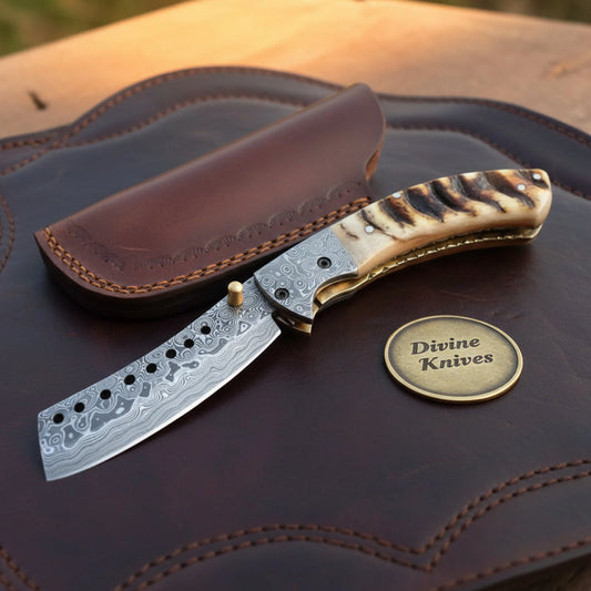 Ram Horn Cleaver Folding Knife with Twist Pattern Blade & Leather Pouch