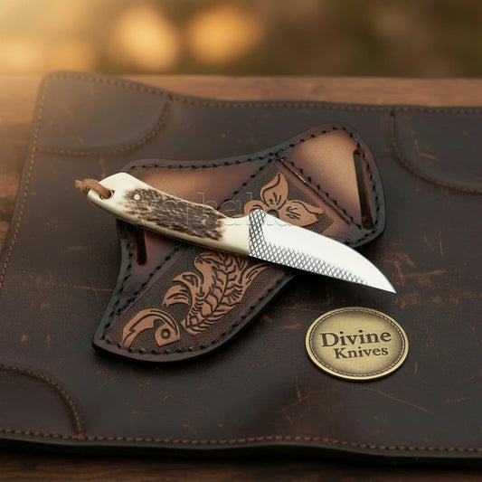 Stag Antler Patch Skinner Knife with Cross-Hatch Blade for Hunters and Outdoor Users