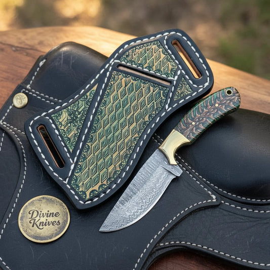 Camo Resin Drop Point Skinner Knife with Brass Bolster for Hunting and Outdoor Tasks
