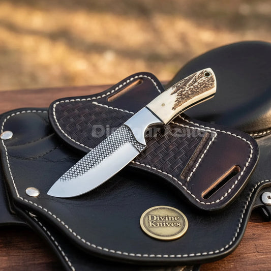 Stag Antler Cross-Hatch Skinner Knife for Field Dressing and Camp Use