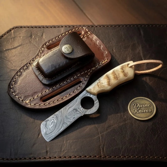 Loop Hole Ram Horn Damascus Bull Cutter with  Compact Layered Blade