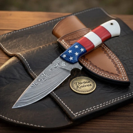American Flag Drop Point Damascus Skinner with Layered Blade