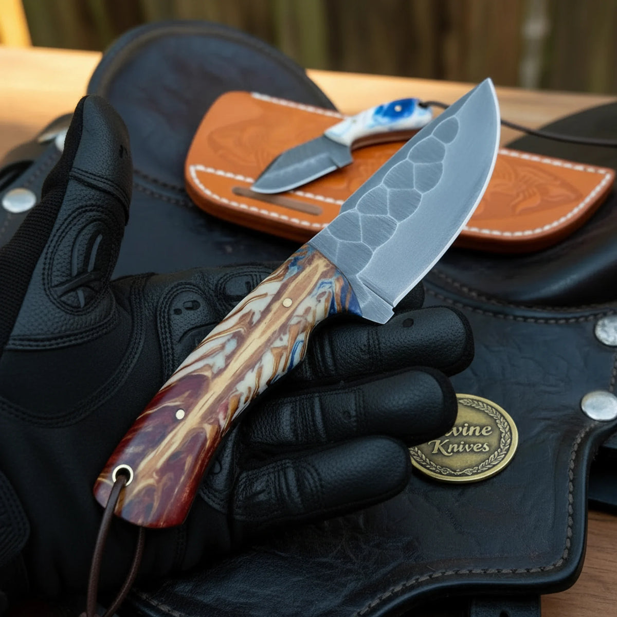 Multicolor Swirl Resin Skinner & Neck Knife Set for Daily Use
