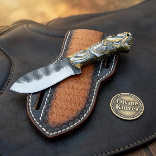 Orange Swirl Resin Rasp Skinner Knife with Tooled Leather Sheath