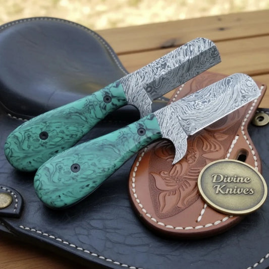 Green Turquoise Tanto Bull Cutter Set with Damascus Blades
