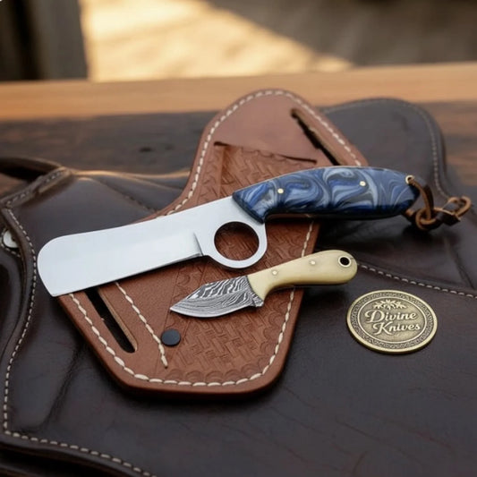 Finger Hole Bull Cutter & Neck Knife Set with Leather Sheath