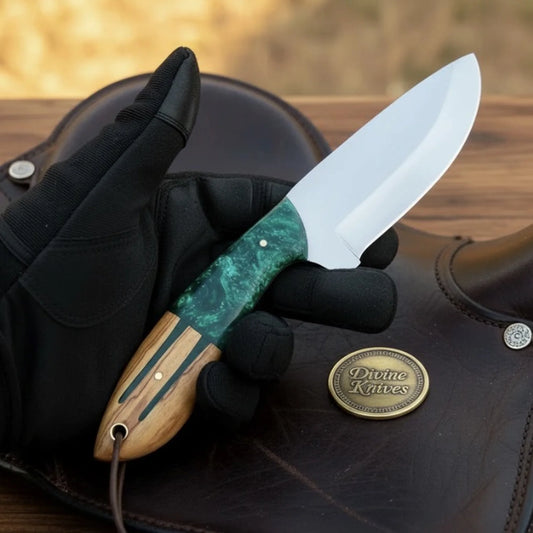 Satin Drop Point Hunter Knife with Green Resin Olive Wood for Hunting and Outdoor Tasks