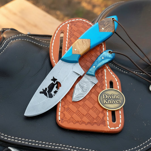 Cattle Engraved Drop Point Knife with Blue Resin & Wood Inlay for Field Dressing Tasks