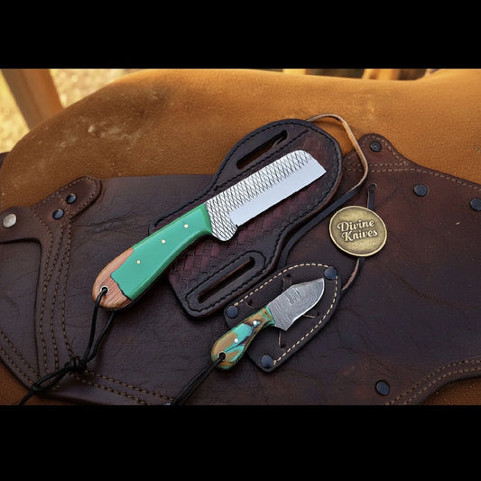 Green Resin Wood Bull Cutter & Neck Knife with a Shared Color Story
