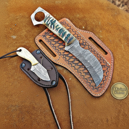 Damascus Ring-Hole Skinner & Neck Knife Set for Field Dressing