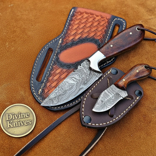 Damascus Skinner & Mini Neck Knife Set with Genuine Wood Grain Blades