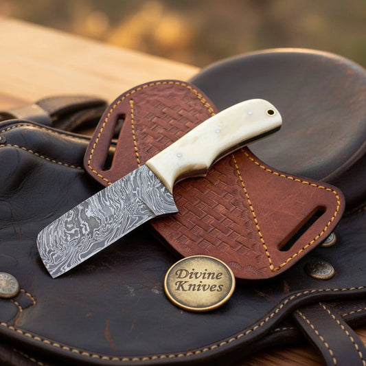 Damascus Camel Bone Tanto Bull Cutter with a Sharp Angular Point