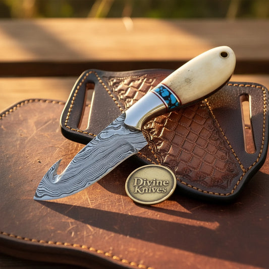 Damascus Turquoise Bone gut hook knife with Curved Handle