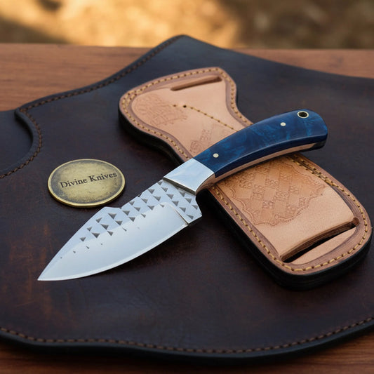 Rasp Blue Resin Skinner with Textured Blade and Leather Sheath