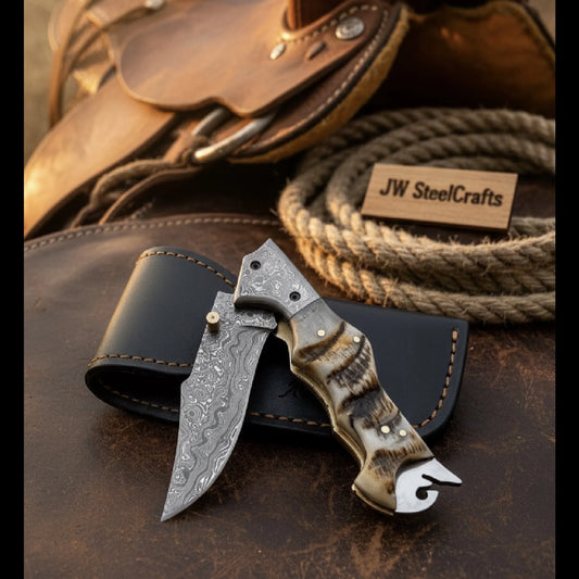 Damascus Grizzly Claw Pocket Knife with Stag Horn Handle