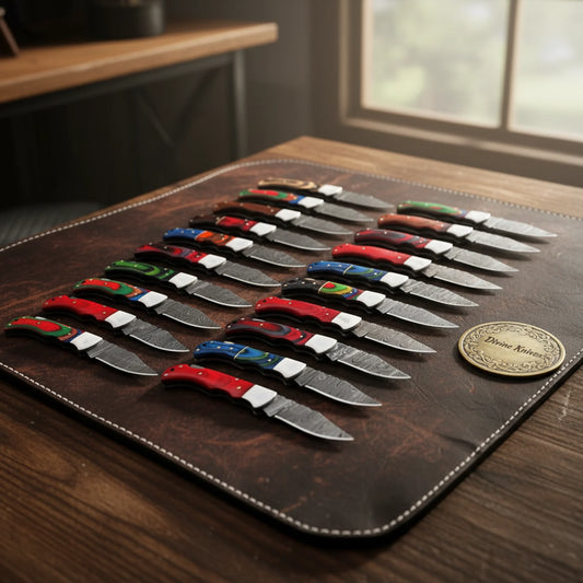 Damascus Folding Pocket Knife Lot with Assorted Color Handles