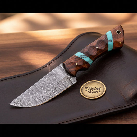 Turquoise Wood Hunting Skinner with Damascus Blade