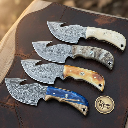 4-Piece Damascus Big Belly Gut Hook Skinner Set