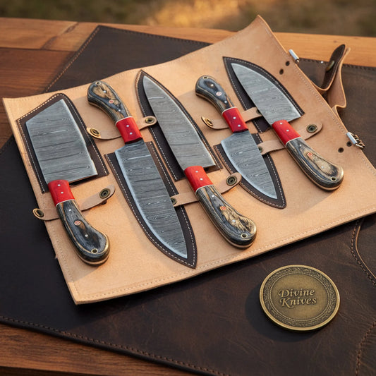 Gray Crimson Vortex Chef Knife Set with Damascus Blades