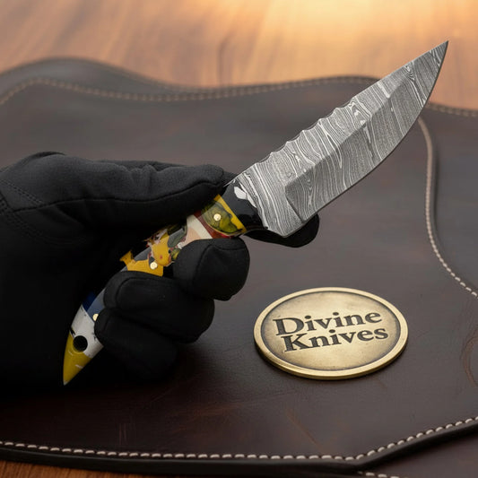 Damascus Multi-Material Puzzle Hunter Knife with Segmented Handle