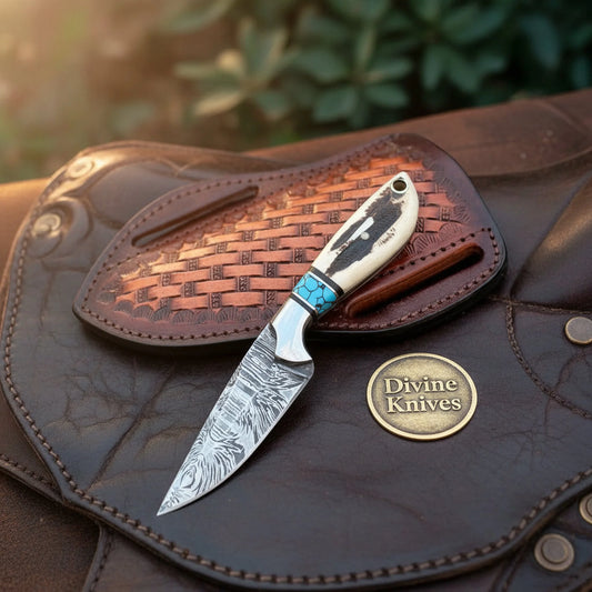 Damascus Western Cowboy Belt Knife with Bone and Turquoise Handle