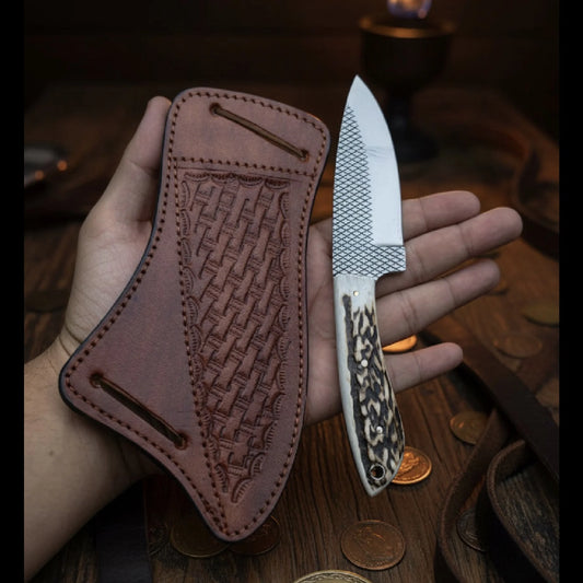 Stag Horn Rasp Skinner Knife with Included Tooled Sheath