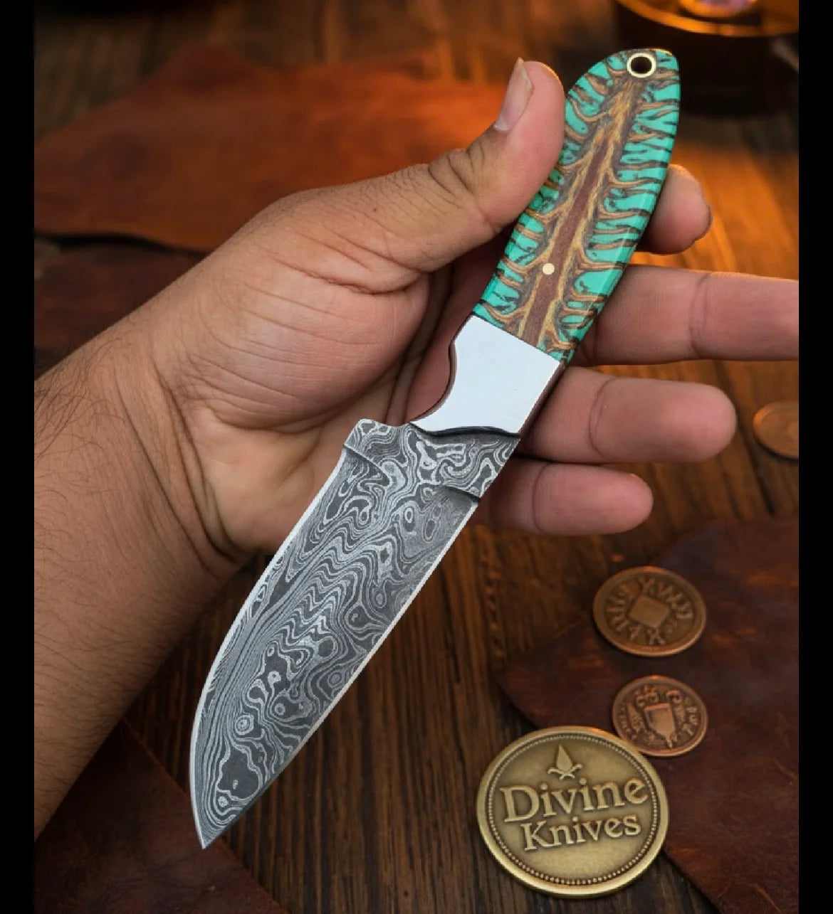 Emerald Pinecone Damascus Skinner Knife with Silver Bolster