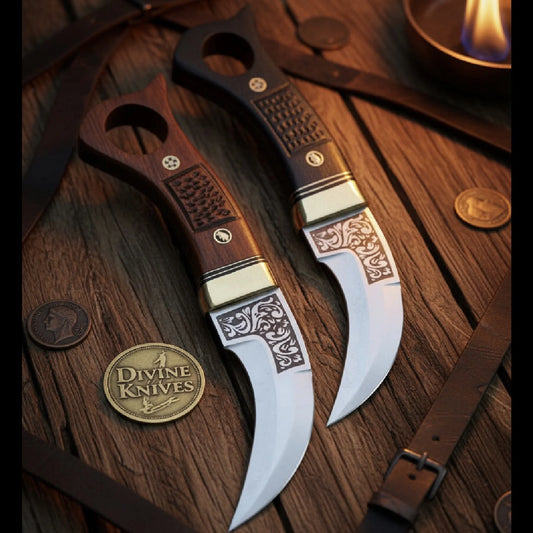 Engraved Double Karambit Set with Wood Handles
