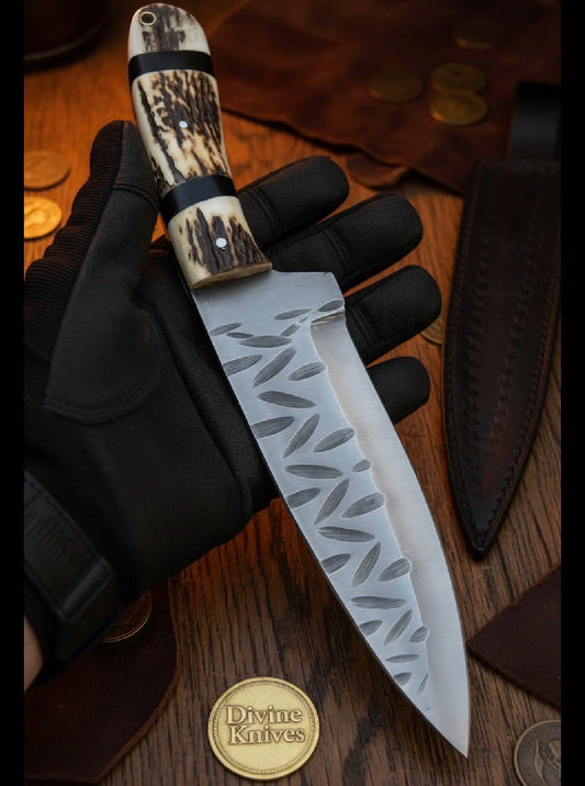 Stag Horn Cowboy Hunter Knife with Leaf Textured Spine