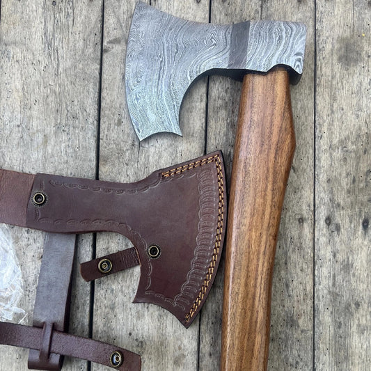 Damascus Viking Bearded Hatchet with Bare Wood Haft