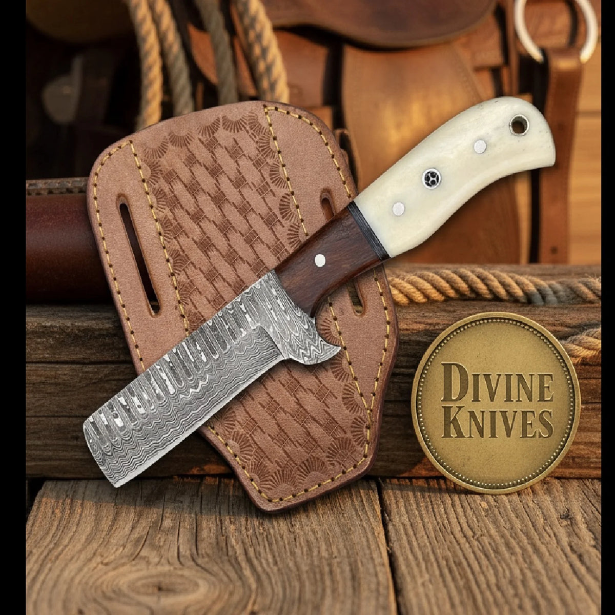 Bone and Wood Bull Cutter Knife with Wood Grain Damascus Blade